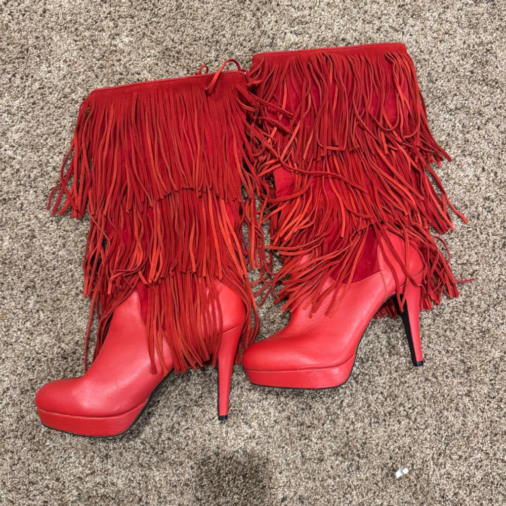 Mojo Moxy Red Fringe High Heel Boots Festival Boho Cowgirl Core Size 10